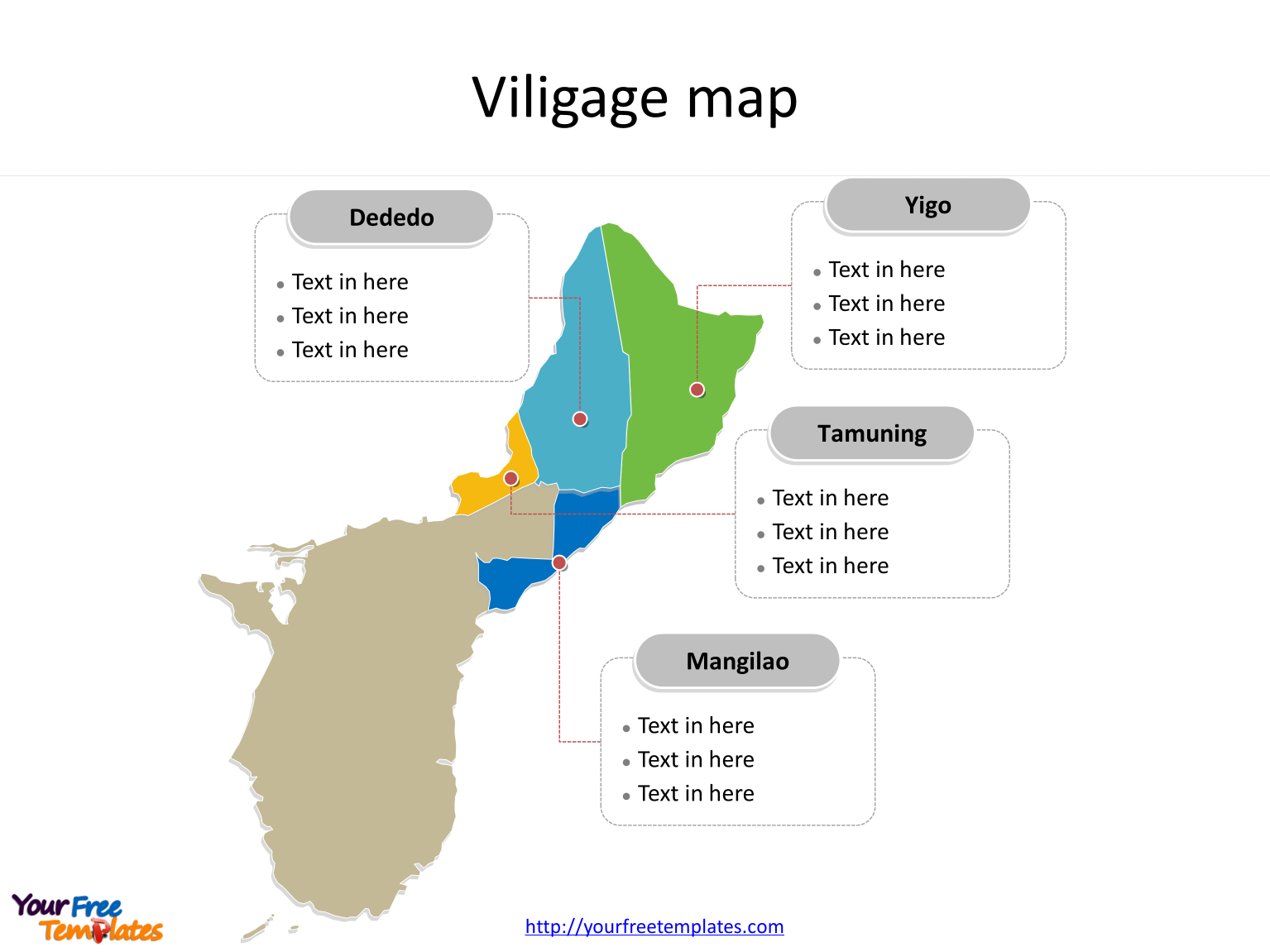 Guam map with most populated Villages labeled on the Guam maps PowerPoint templates