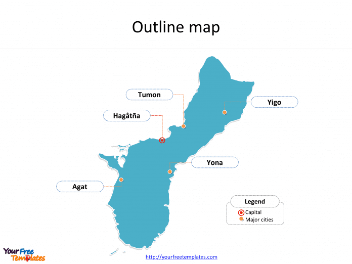 Guam map with outline and cities labeled on the Guam maps PowerPoint templates