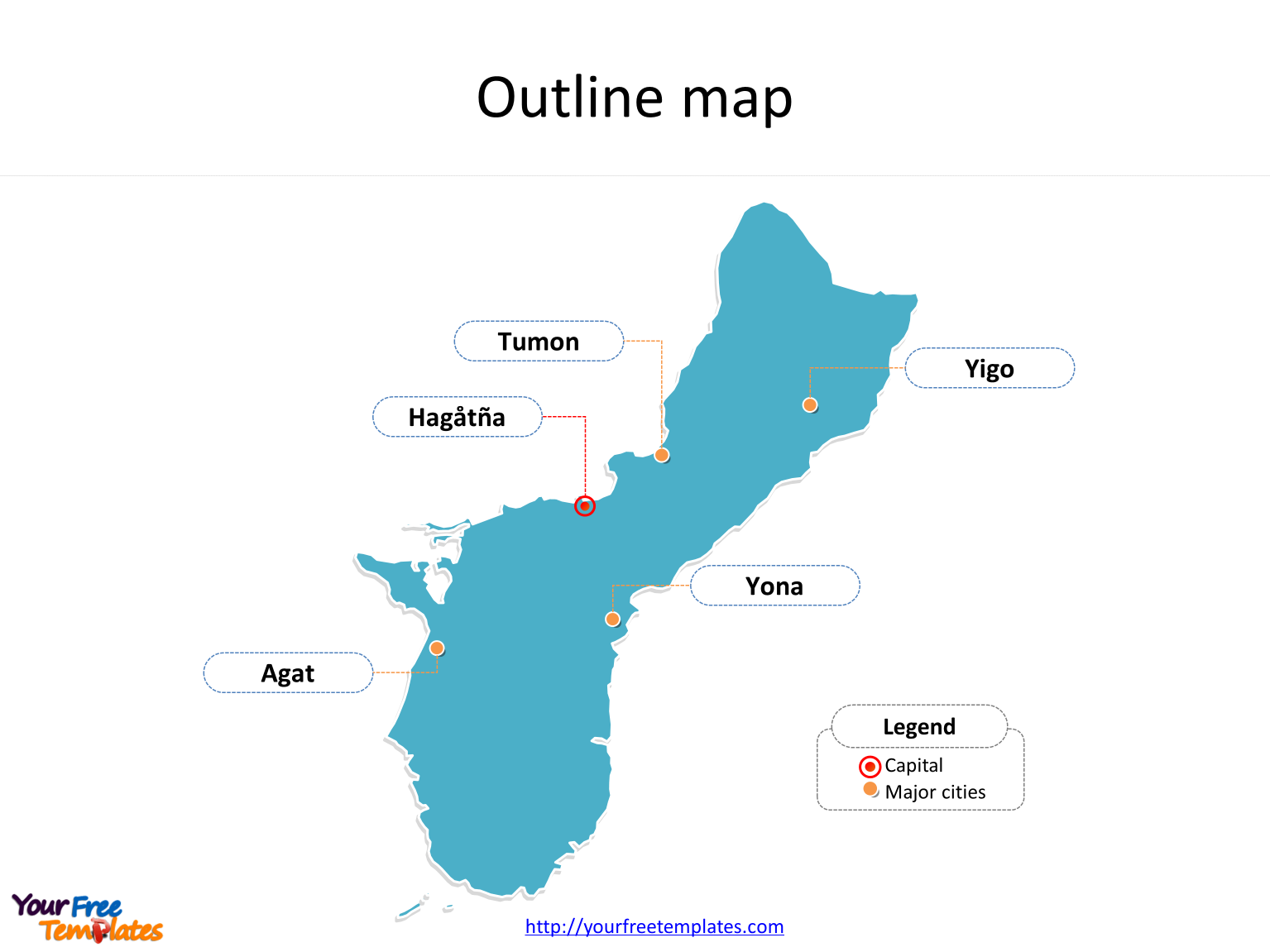 Guam map with outline and cities labeled on the Guam maps PowerPoint templates