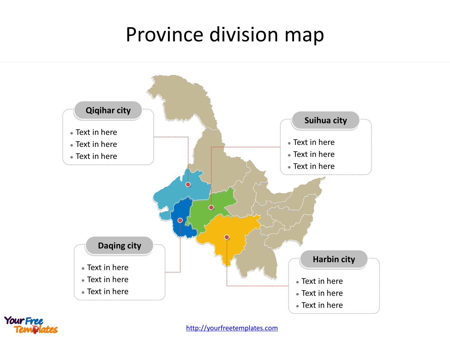 Province of Heilongjiang map with most populated divisions labeled on the Heilongjiang maps PowerPoint templates