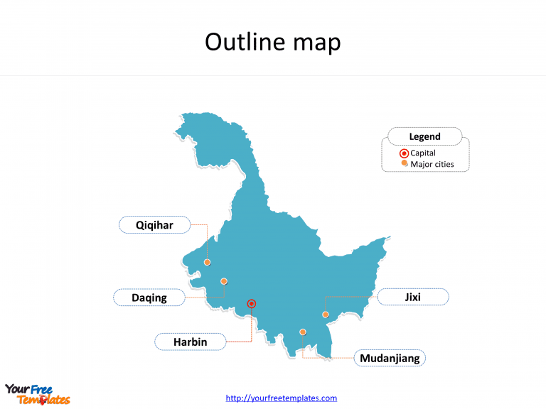 Province of Heilongjiang map with outline and cities labeled on the Heilongjiang maps PowerPoint templates