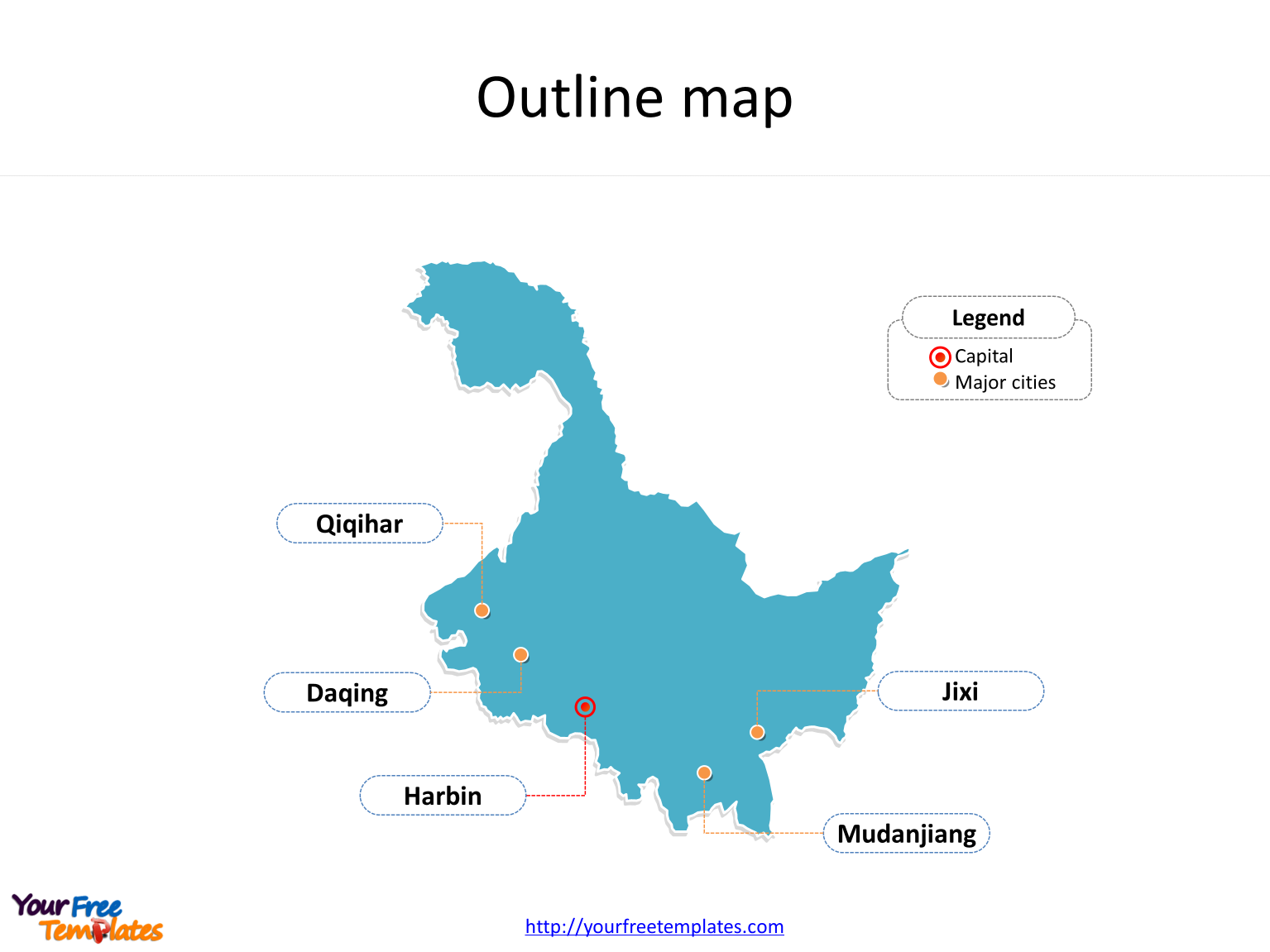 Province of Heilongjiang map with outline and cities labeled on the Heilongjiang maps PowerPoint templates