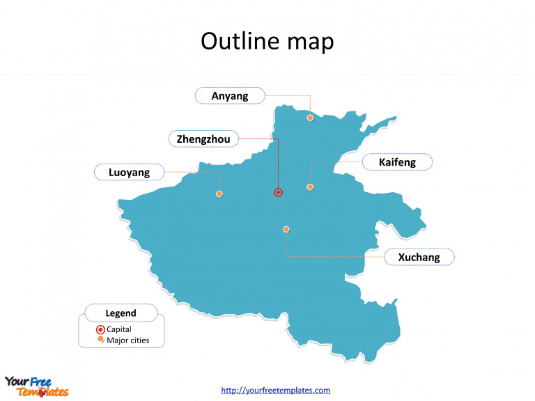 Province of Henan map with outline and cities labeled on the Henan maps PowerPoint templates