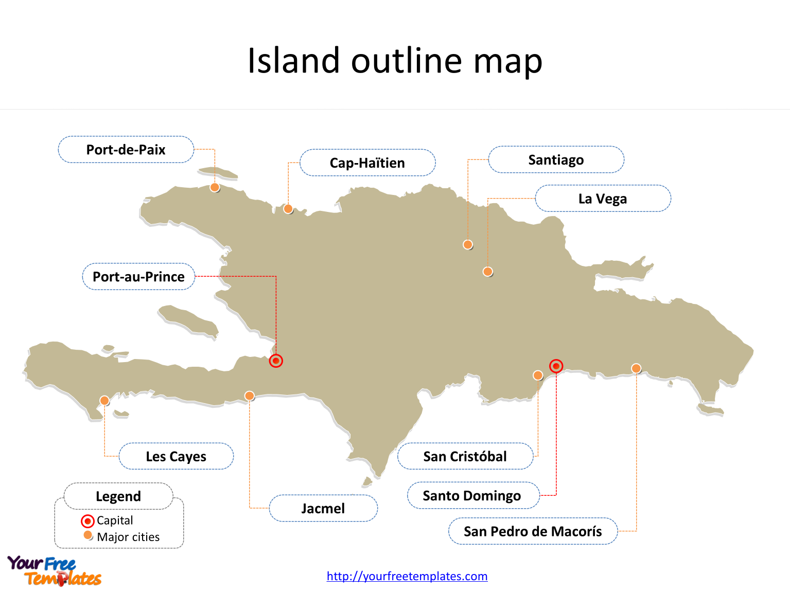 Map of Hispaniola with outline and cities labeled on the Hispaniola map free templates