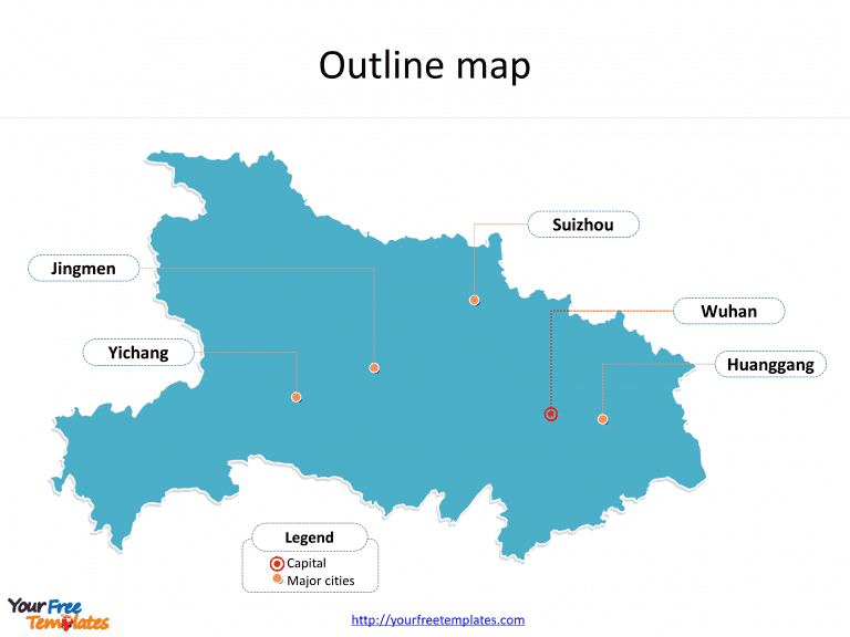 Province of Hubei map with outline and cities labeled on the Hubei maps PowerPoint templates