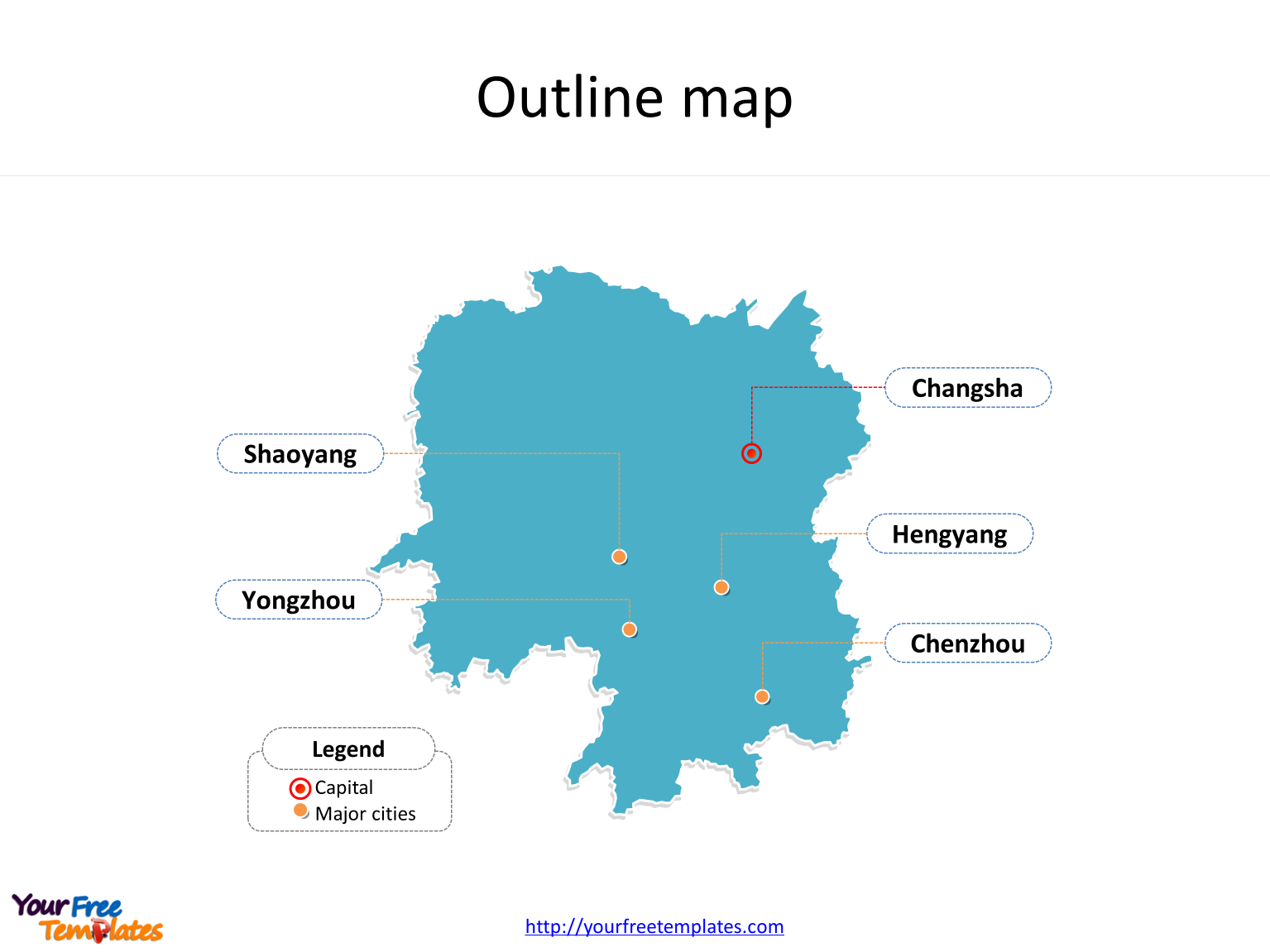 Province of Hunan map with outline and cities labeled on the Hunan maps PowerPoint templates