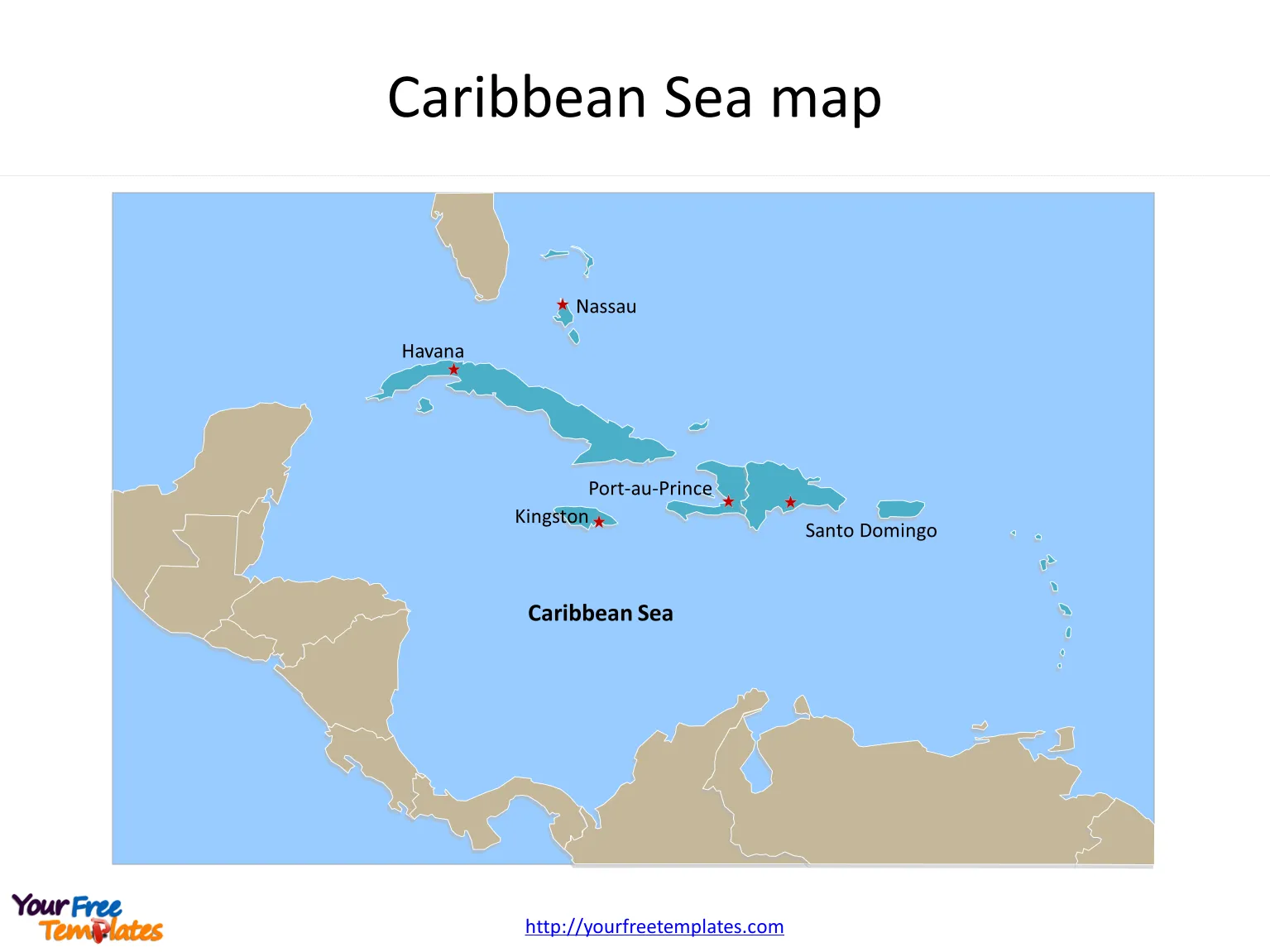 Map of Caribbean Sea with Capitals labeled on the Caribbean Sea map free templates