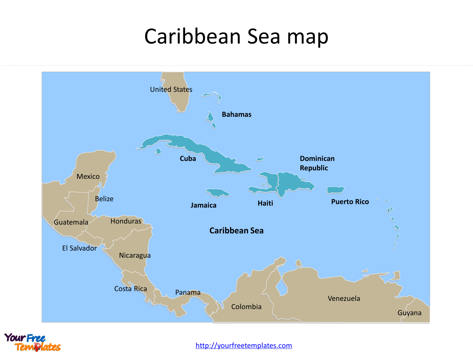 Map of Caribbean Sea with political division and major Countries labeled on the Caribbean Sea map free templates