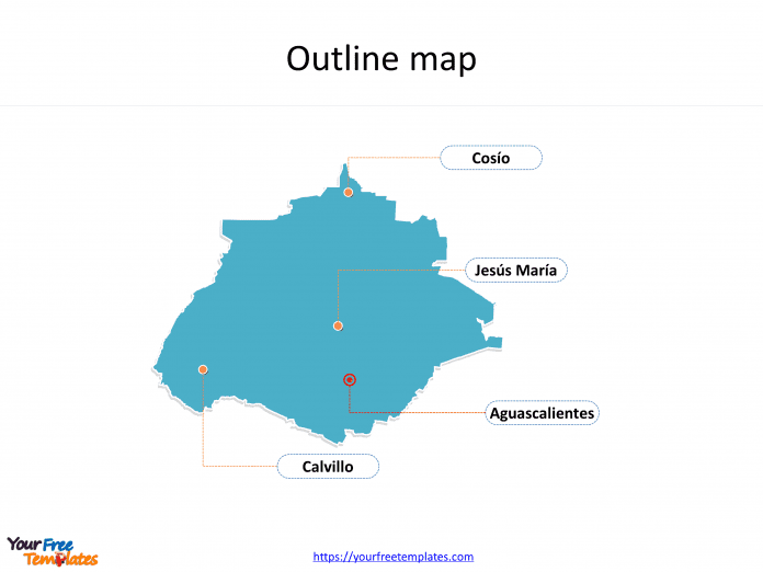 State of Mexico Aguascalientes map with outline and cities labeled on the Aguascalientes maps PowerPoint templates