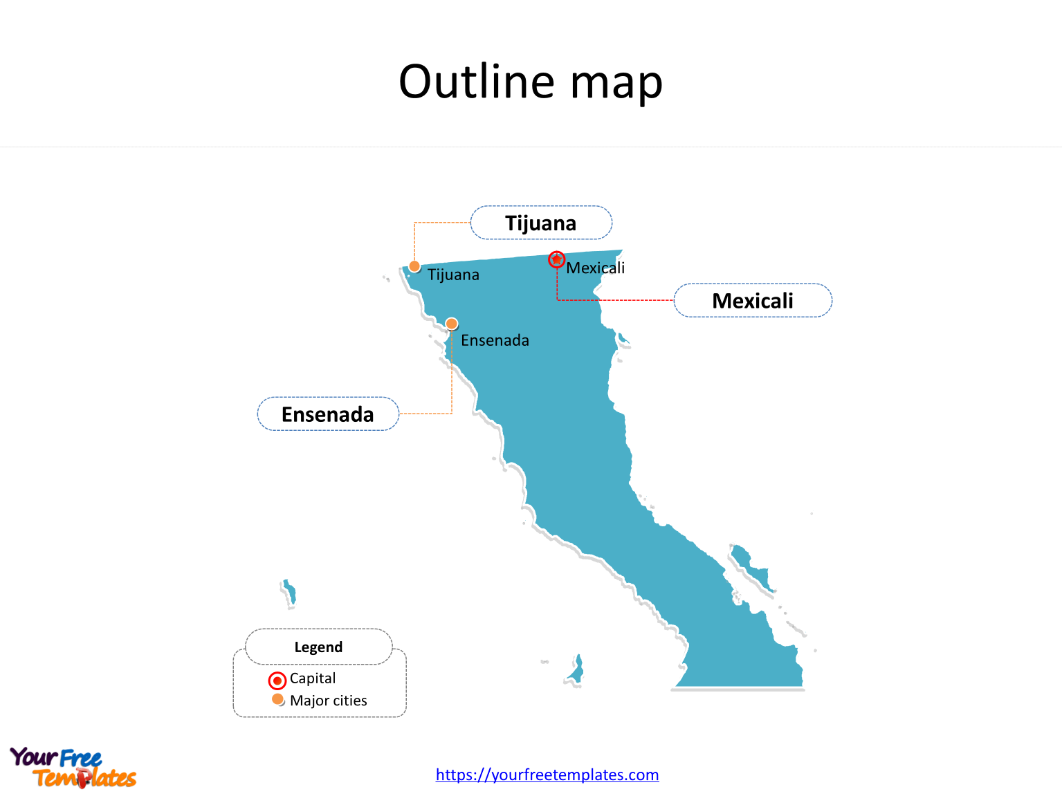 State of Mexico Baja California map with outline and cities labeled on the Baja California maps PowerPoint templates