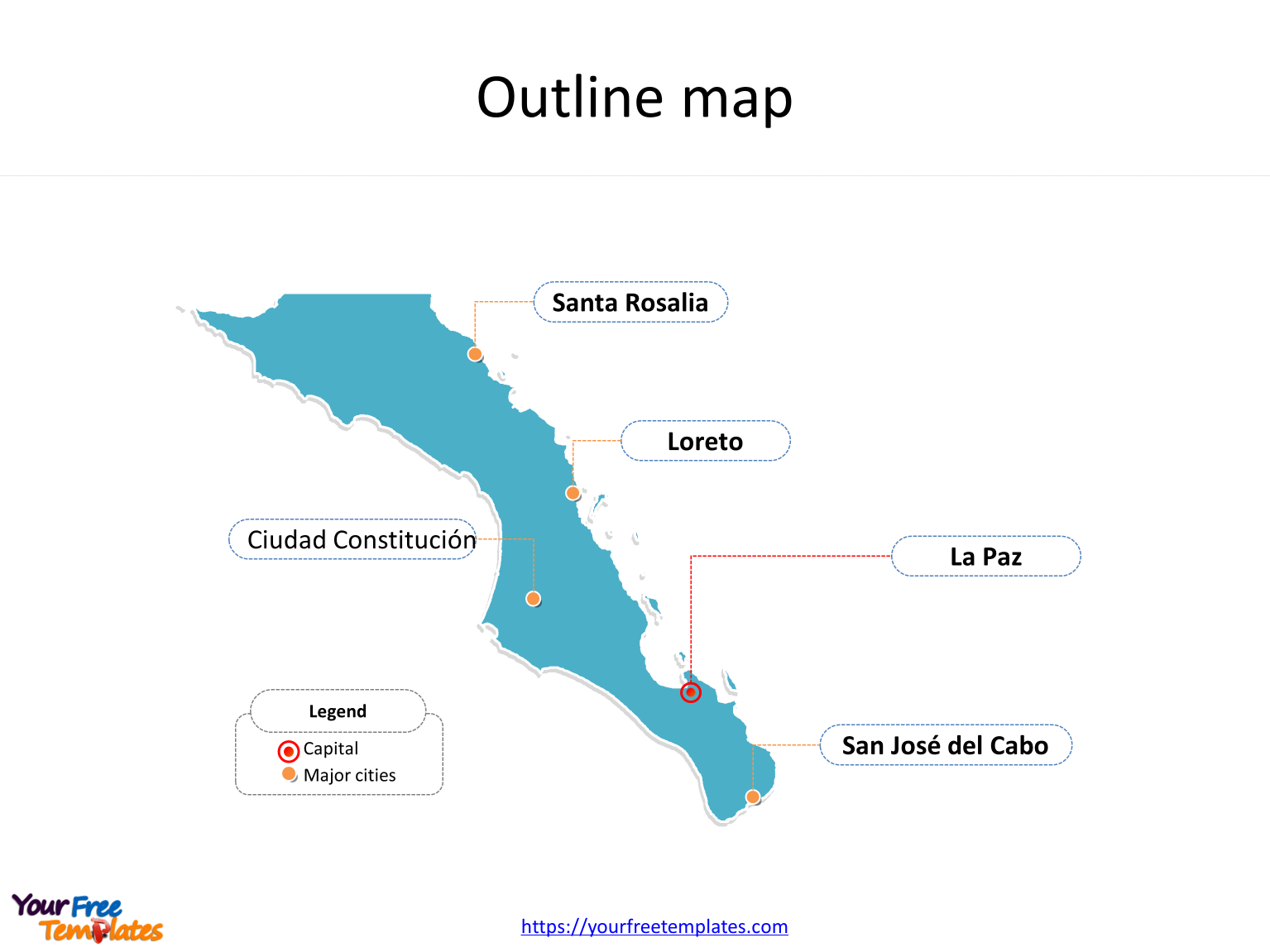 State of Mexico Baja California Sur map with outline and cities labeled on the Baja California Sur maps PowerPoint templates