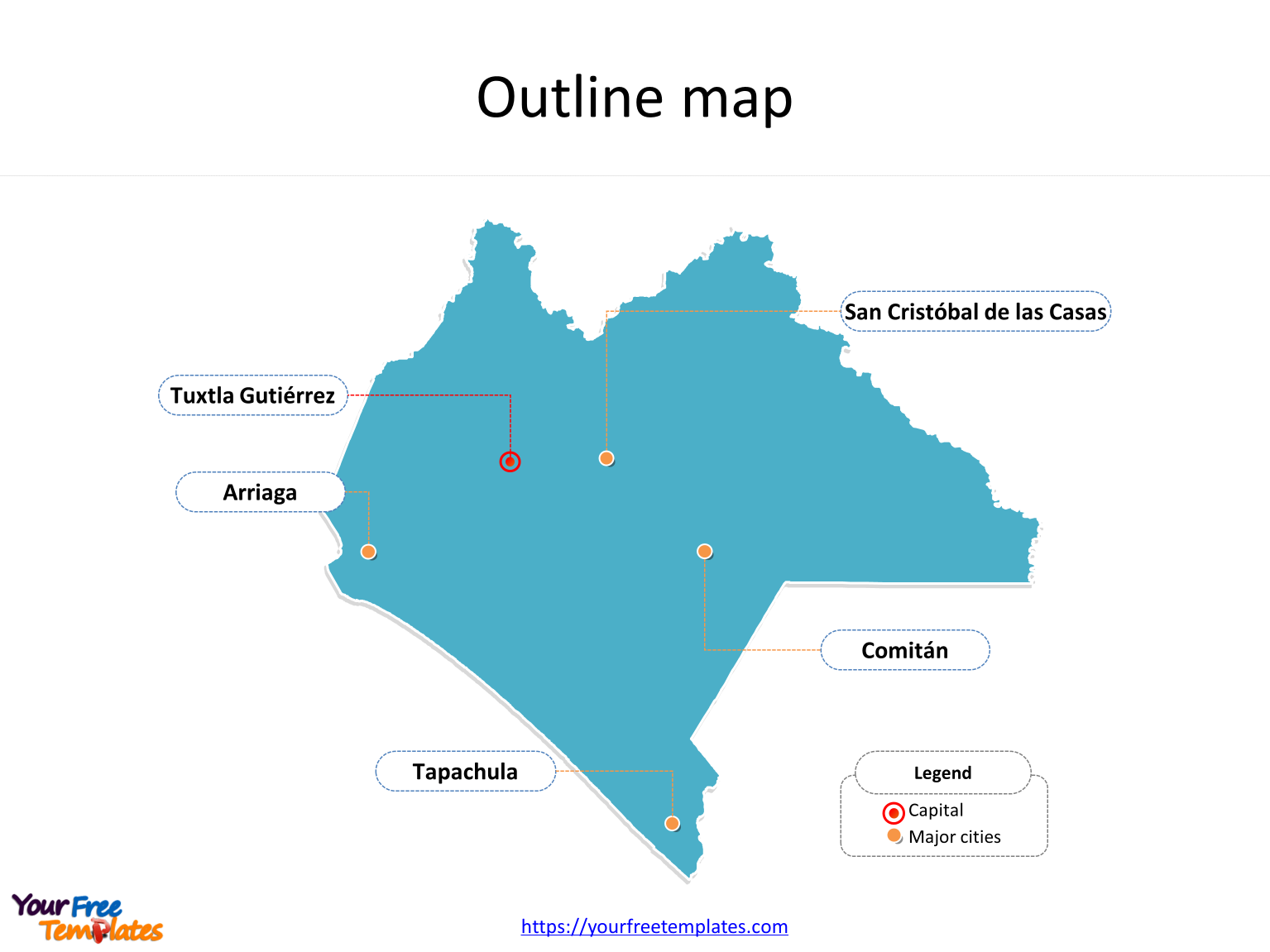 State of Mexico Chiapas map with outline and cities labeled on the Chiapas maps PowerPoint templates