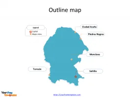 State of Mexico Coahuila map with outline and cities labeled on the Coahuila maps PowerPoint templates
