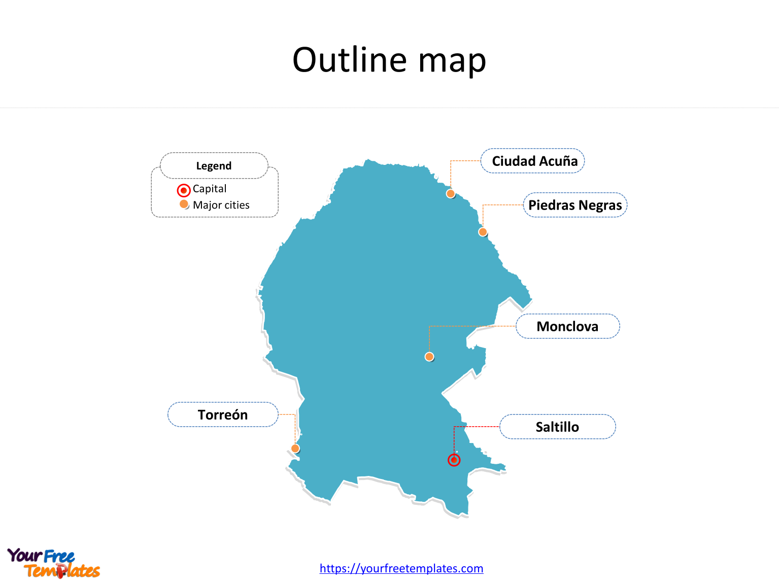 State of Mexico Coahuila map with outline and cities labeled on the Coahuila maps PowerPoint templates