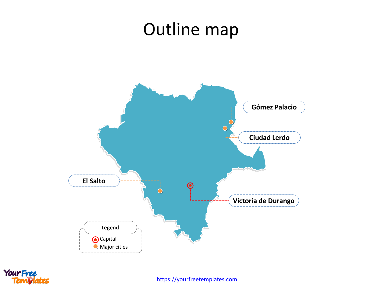 State of Mexico Durango map with outline and cities labeled on the Durango maps PowerPoint templates