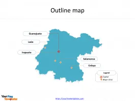 State of Guanajuato map with outline and cities labeled on the Guanajuato maps PowerPoint templates