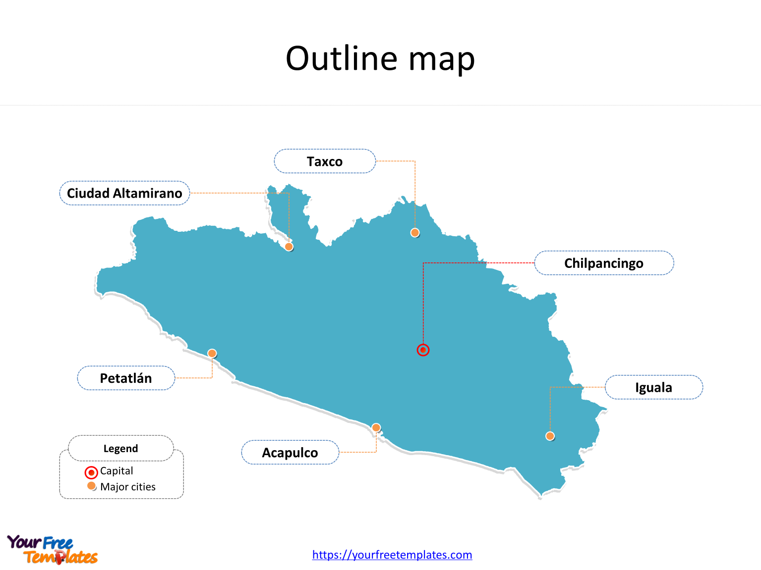 State of Guerrero map with outline and cities labeled on the Guerrero maps PowerPoint templates