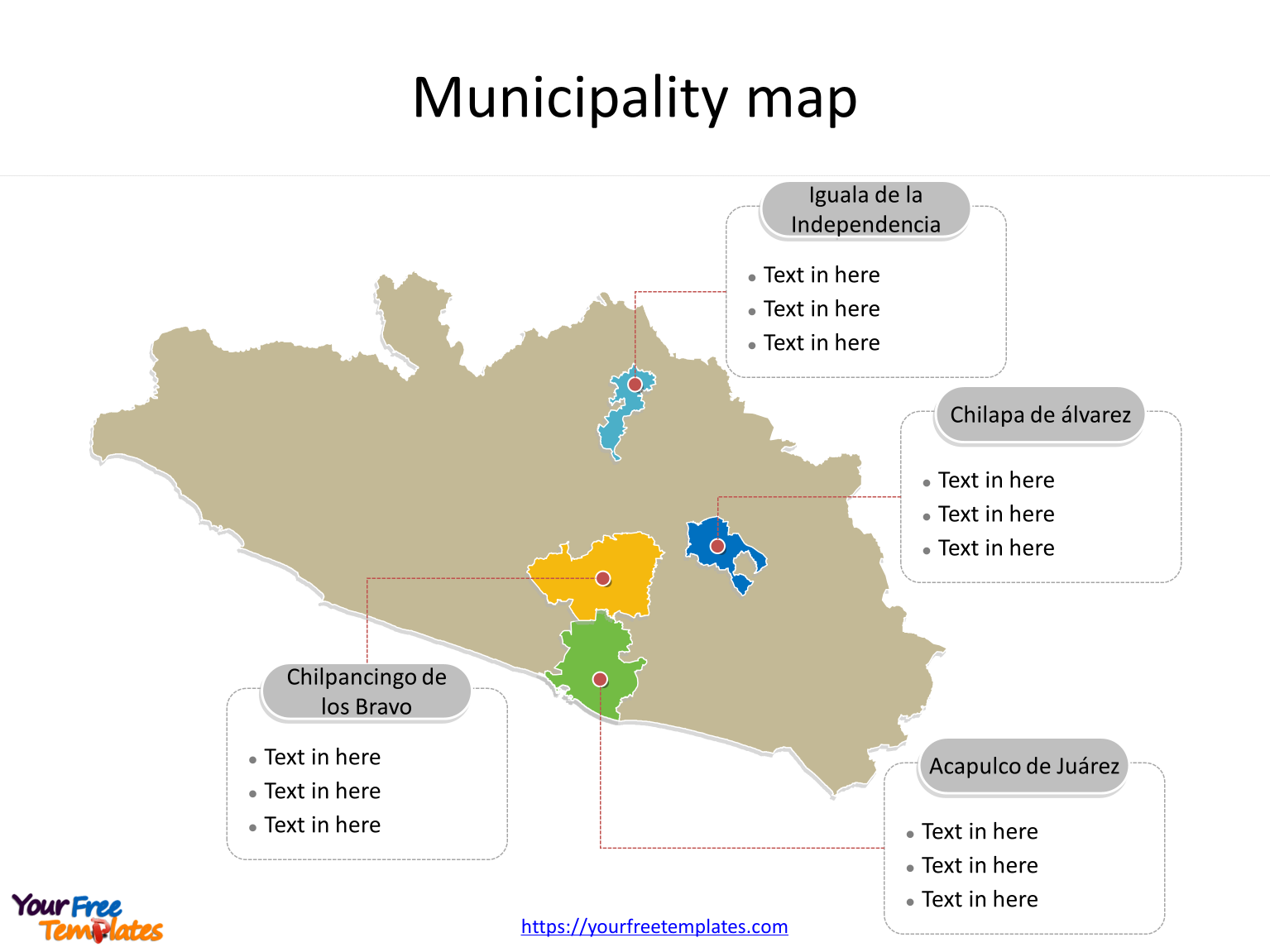 State of Guerrero map with most populated municipalities labeled on the Guerrero maps PowerPoint templates