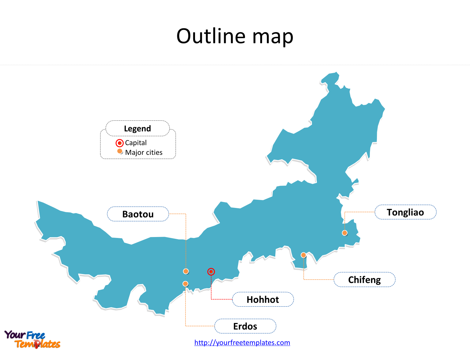Province of Inner Mongolia map with outline and cities labeled on the Inner Mongolia maps PowerPoint templates