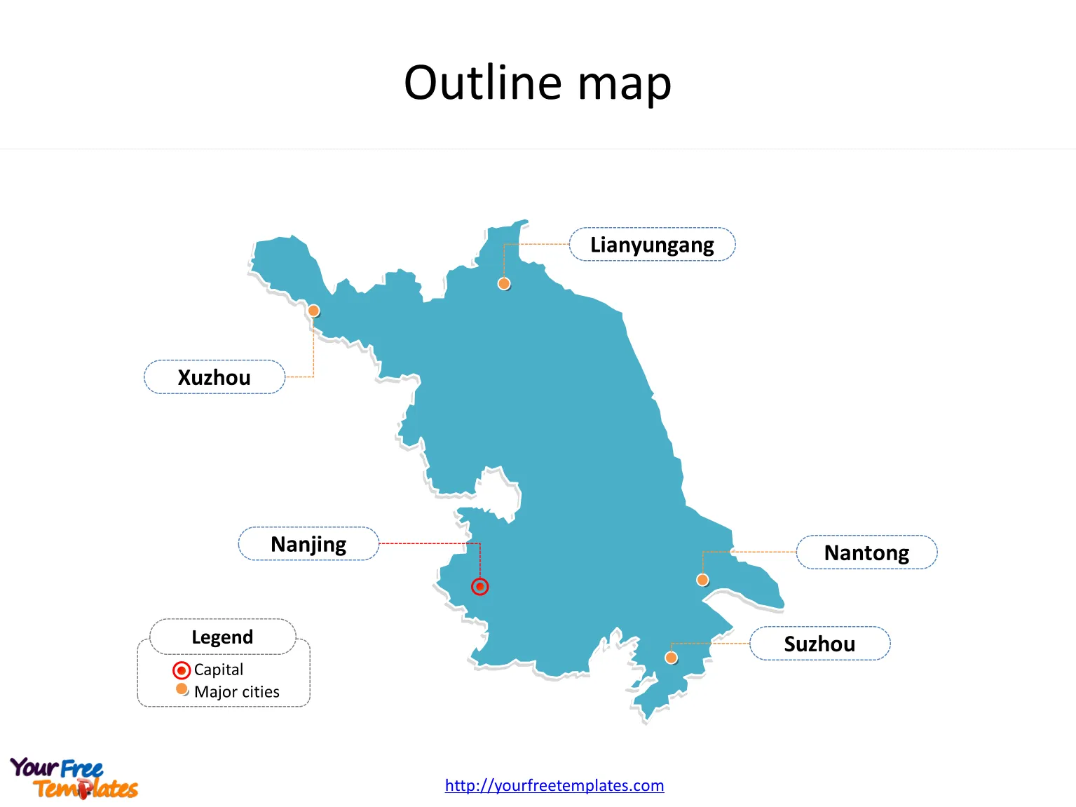 Province of Jiangsu map with outline and cities labeled on the Jiangsu maps PowerPoint templates