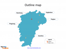 Province of Jiangxi map with outline and cities labeled on the Jiangxi maps PowerPoint templates