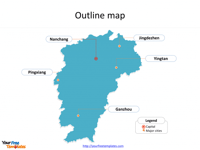 Province of Jiangxi map with outline and cities labeled on the Jiangxi maps PowerPoint templates