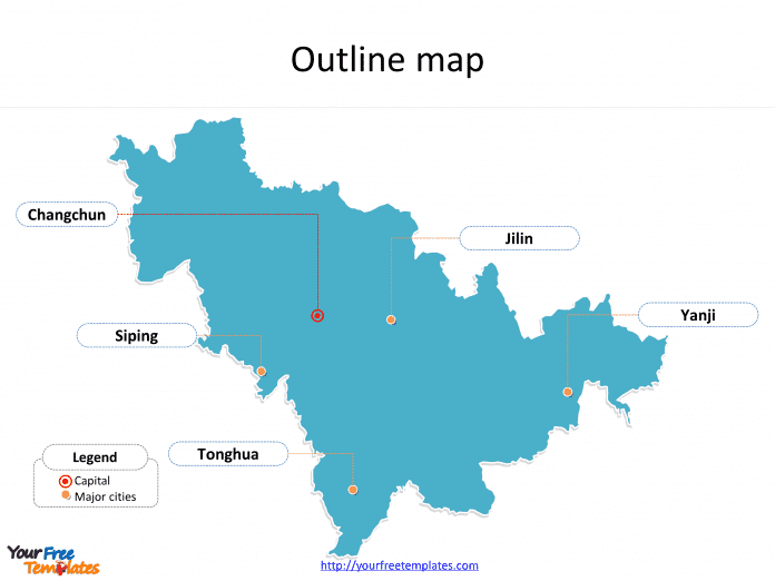 Province of Jilin map with outline and cities labeled on the Jilin maps PowerPoint templates
