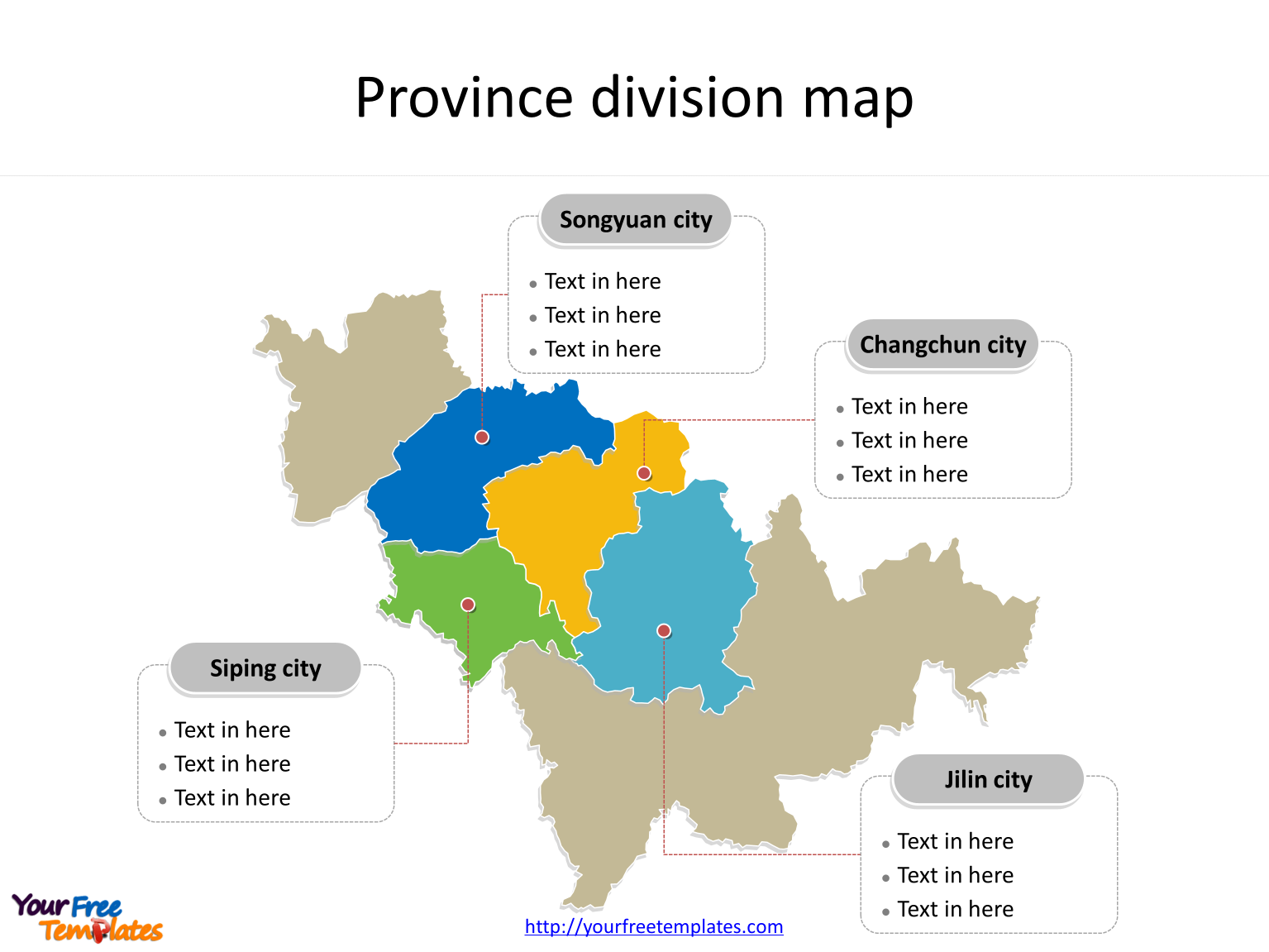 Province of Jilin map with most populated divisions labeled on the Jilin maps PowerPoint templates