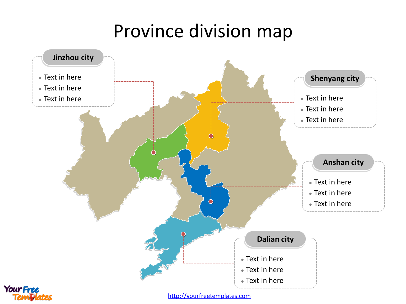 Province of Liaoning map with most populated divisions labeled on the Liaoning maps PowerPoint templates