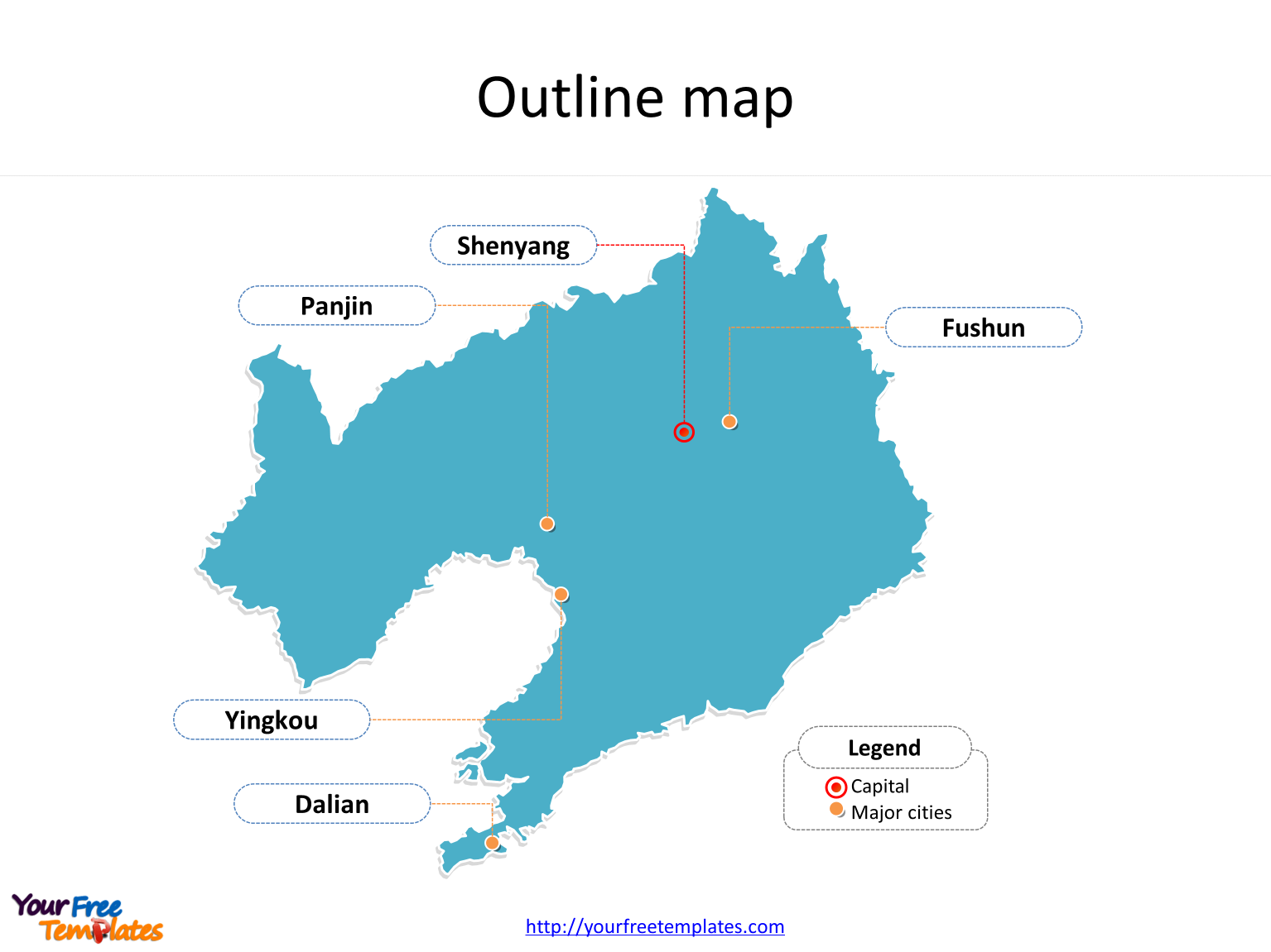 Province of Liaoning map with outline and cities labeled on the Liaoning maps PowerPoint templates