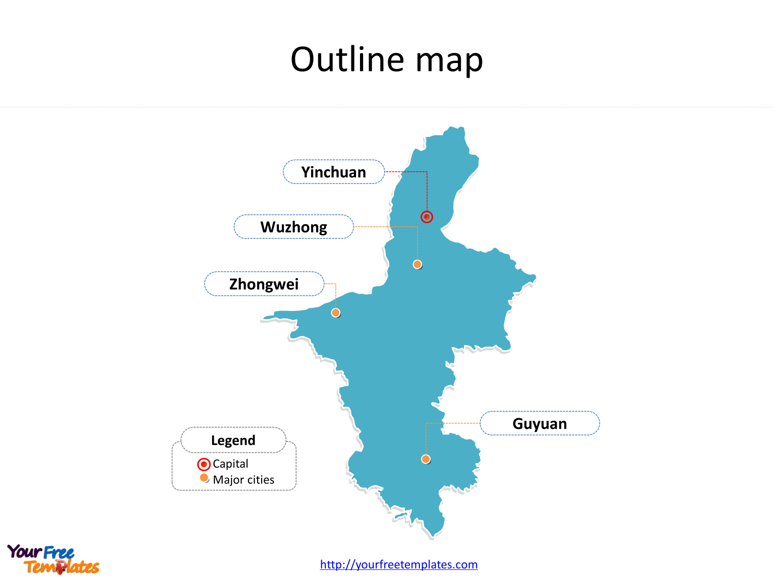 Autonomous Region of Ningxia map with outline and cities labeled on the Ningxia maps PowerPoint templates
