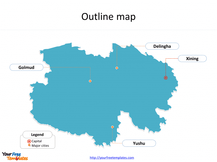 Province of Qinghai map with outline and cities labeled on the Qinghai maps PowerPoint templates