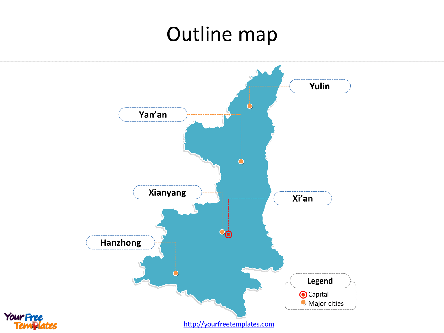 Province of Shaanxi map with outline and cities labeled on the Shaanxi maps PowerPoint templates