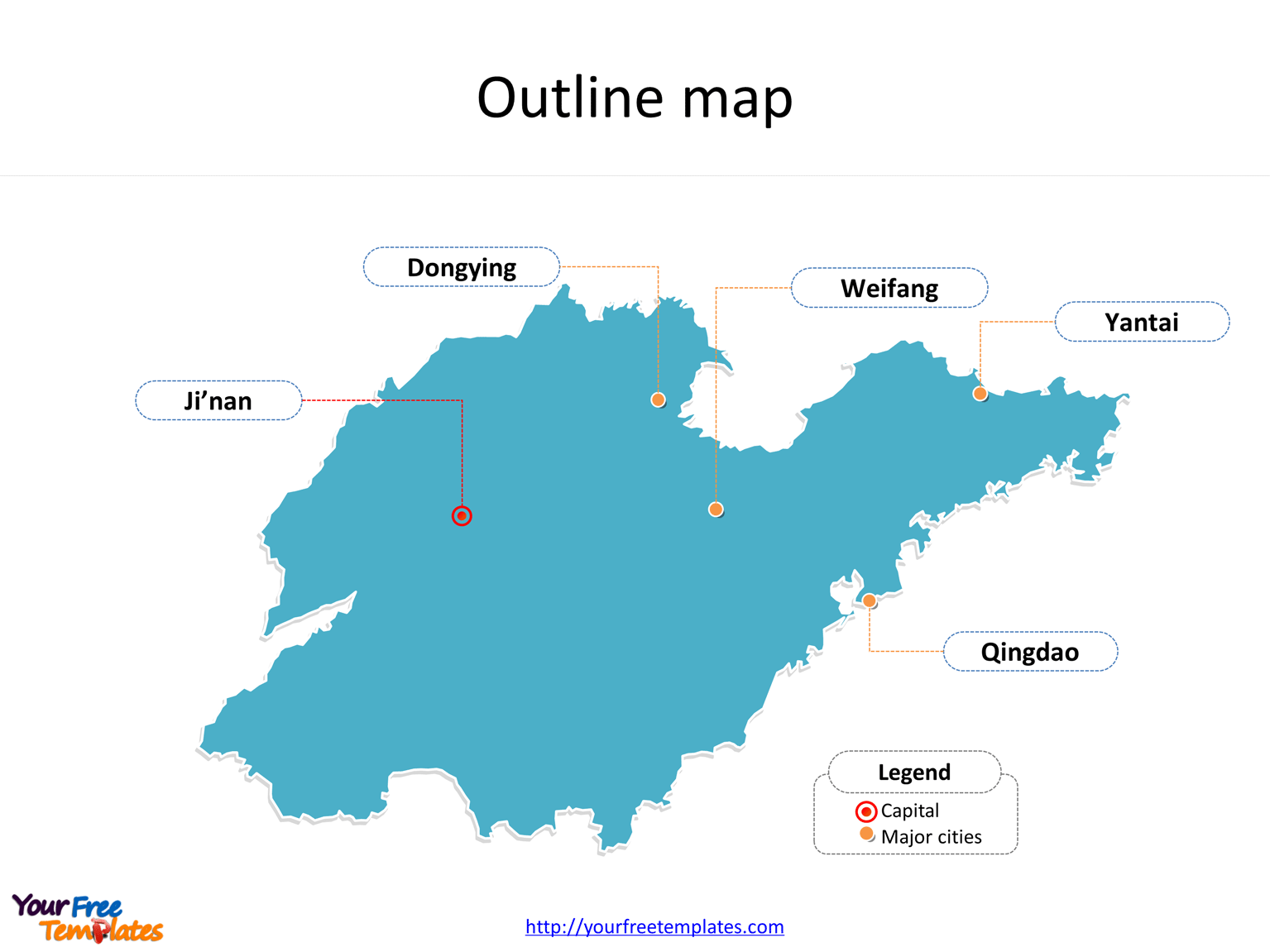 Province of Shandong map with outline and cities labeled on the Shandong maps PowerPoint templates
