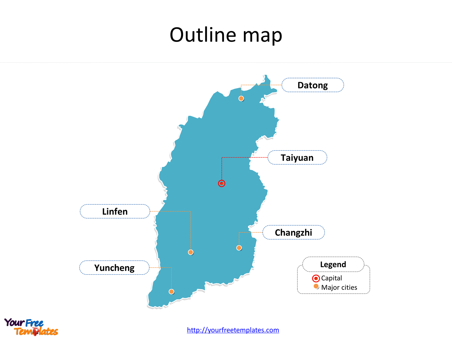 Province of Shanxi map with outline and cities labeled on the Shanxi maps PowerPoint templates