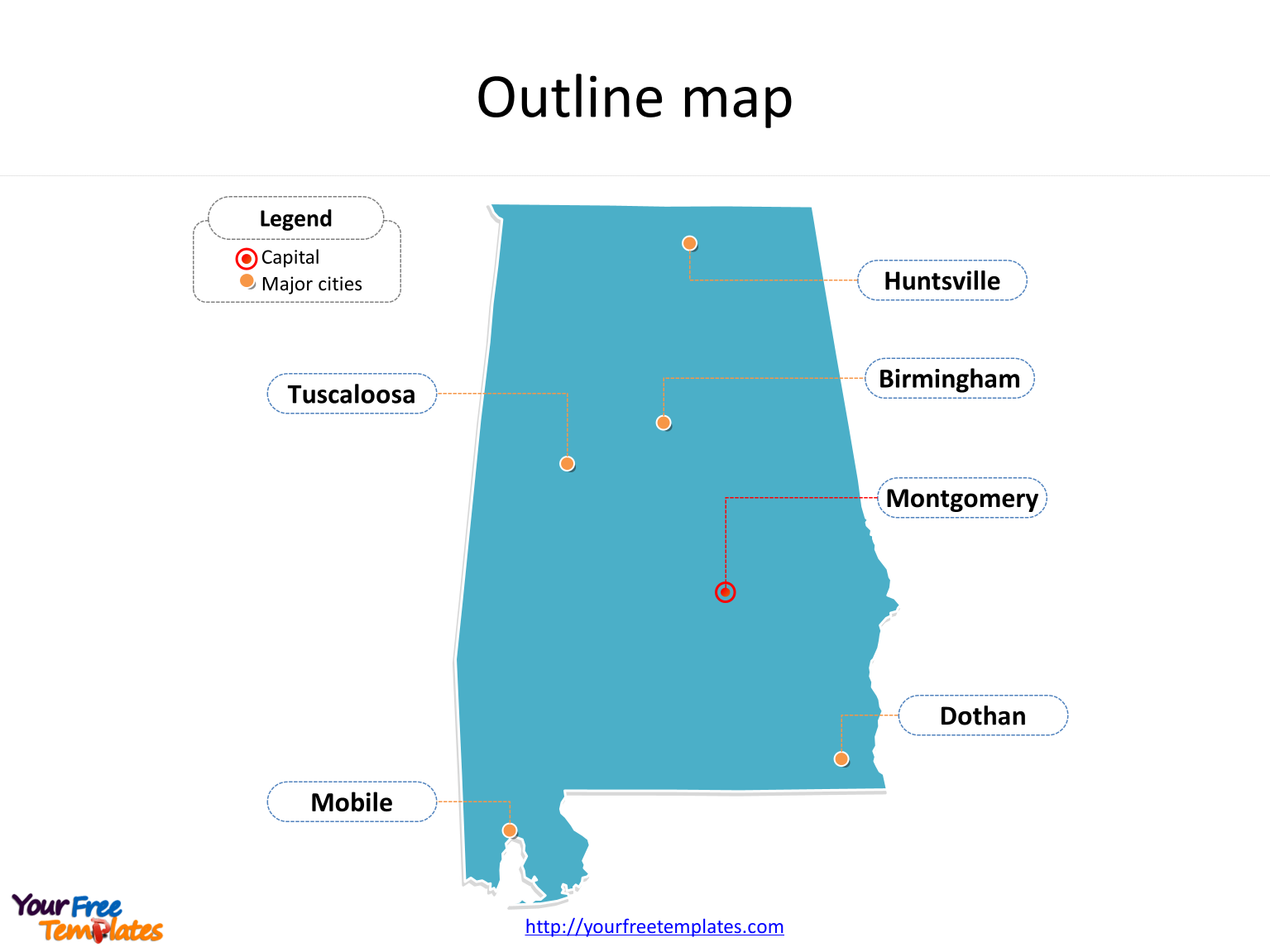 Map of Alabama with major counties labeled on the Alabama map PowerPoint templates