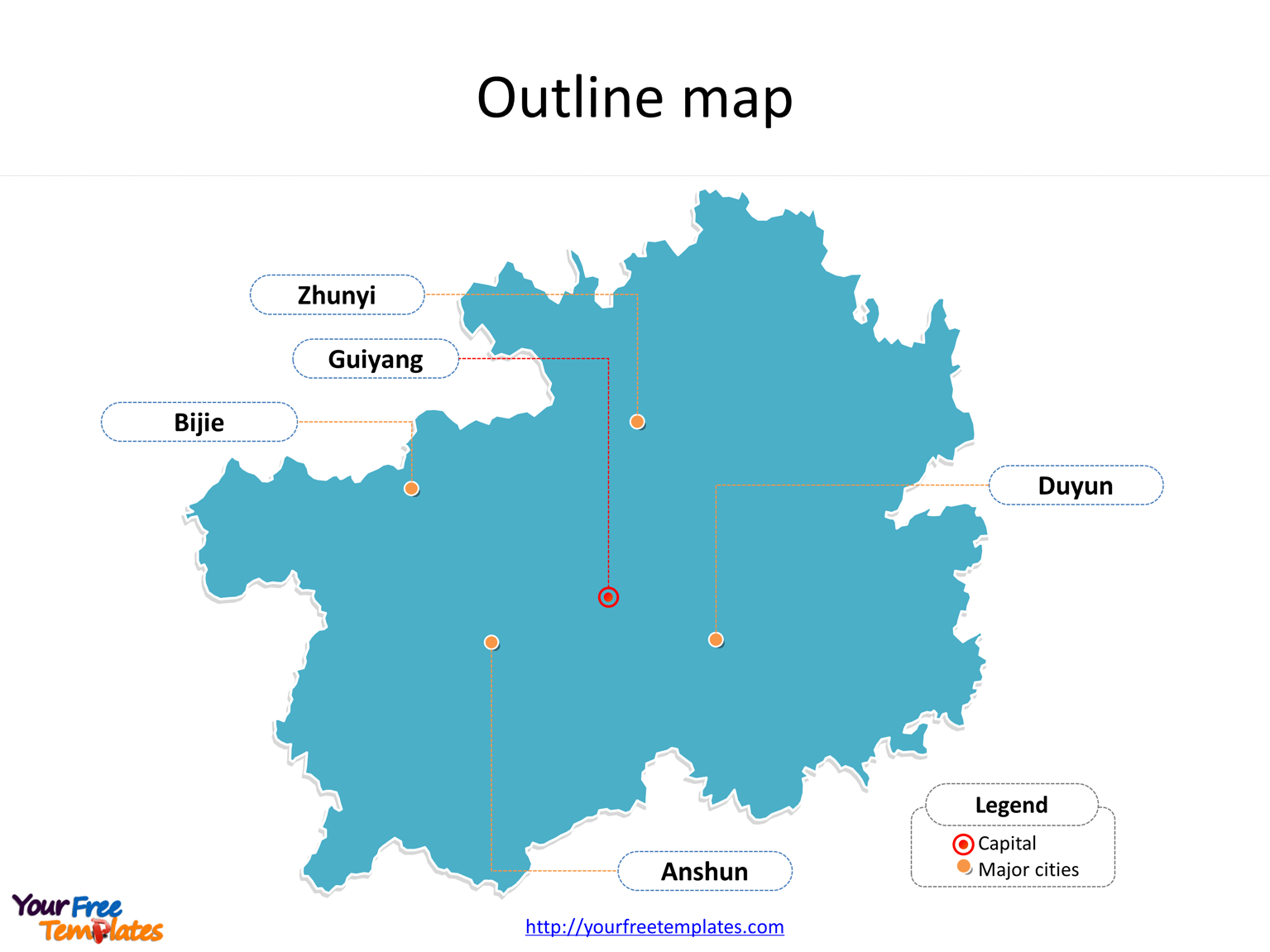 Province of Guizhou map with outline and cities labeled on the Guizhou maps PowerPoint templates