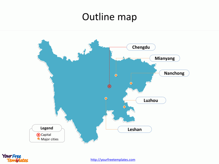 Province of Sichuan map with outline and cities labeled on the Sichuan maps PowerPoint templates
