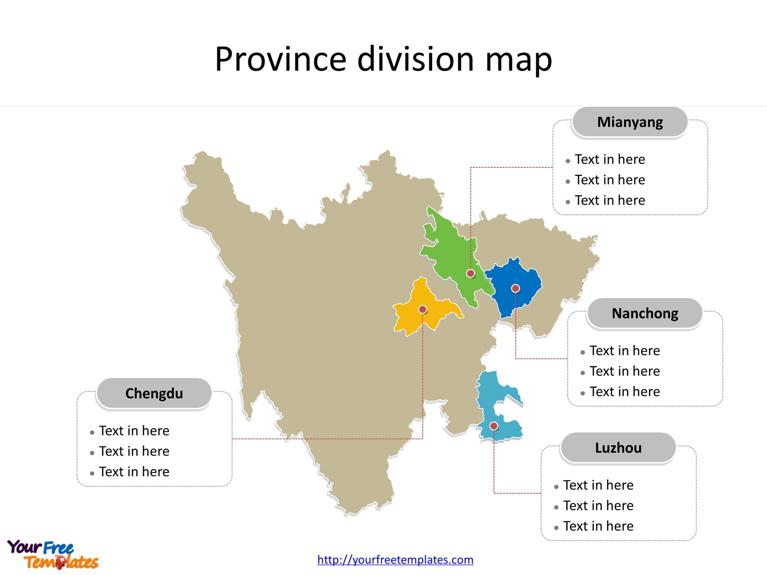 Province of Sichuan map with most populated divisions labeled on the Sichuan maps PowerPoint templates