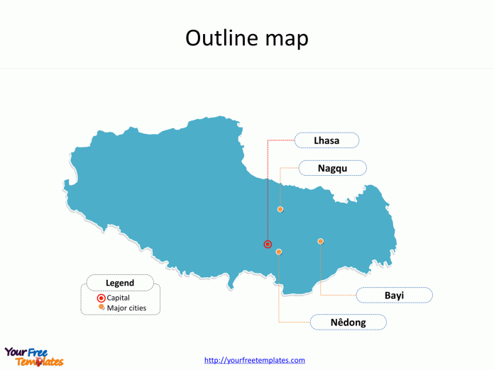 Autonomous Region of Tibet map with outline and cities labeled on the Tibet maps PowerPoint templates