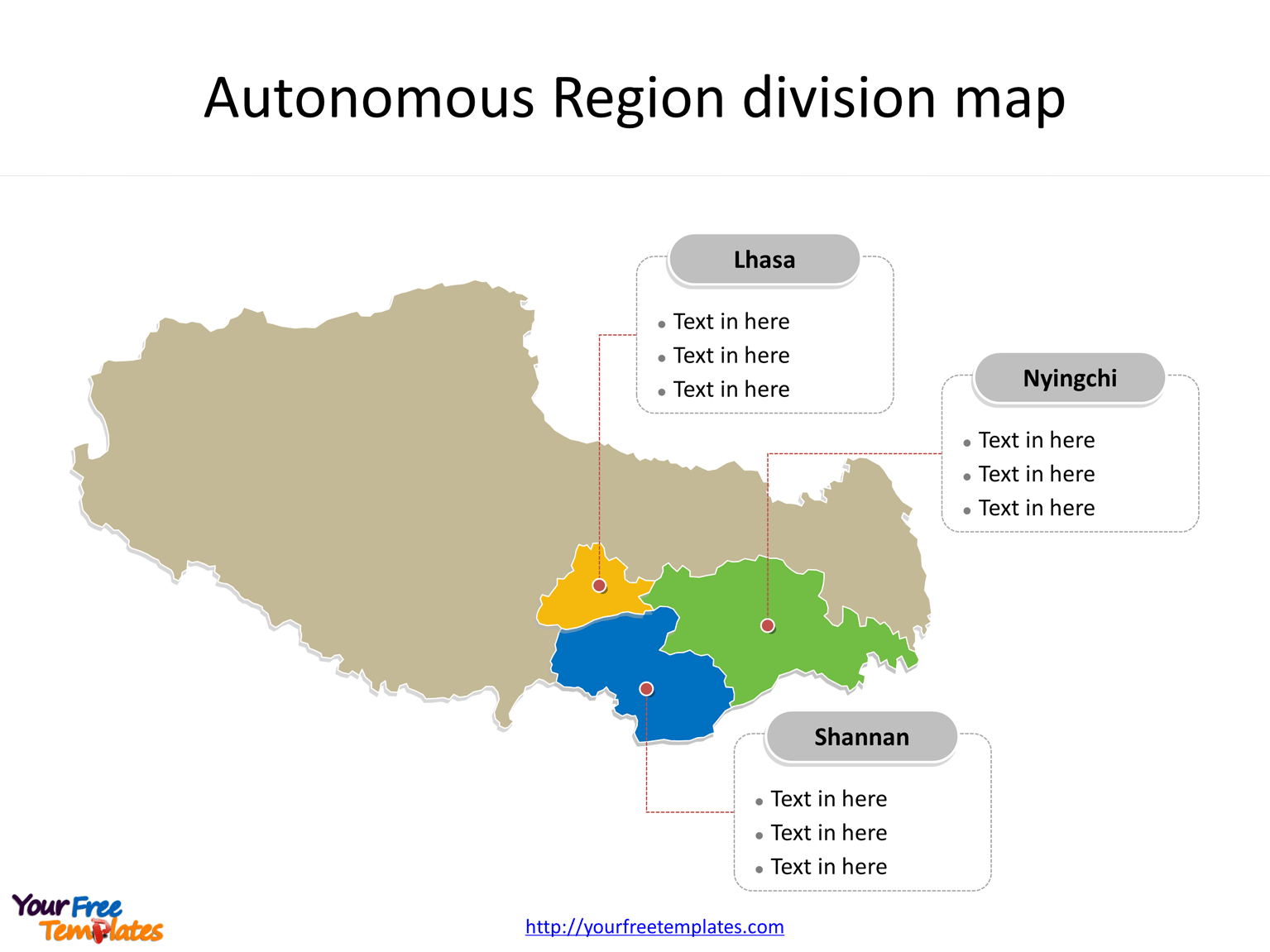 Autonomous Region of Tibet map with most populated divisions labeled on the Tibet maps PowerPoint templates