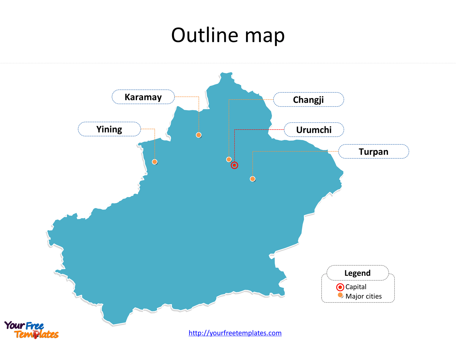 Uygur Autonomous Region of Xinjiang map with outline and cities labeled on the Xinjiang maps PowerPoint templates