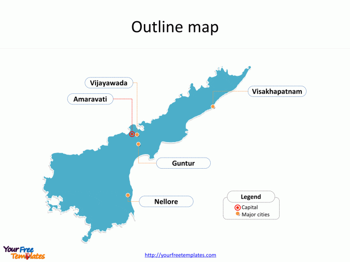 State of Andhra Pradesh map with outline and cities labeled on the Andhra Pradesh maps PowerPoint templates