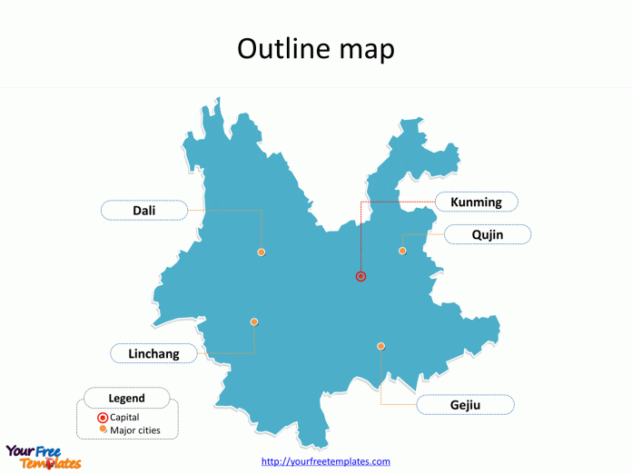 Province of Yunnan map with outline and cities labeled on the Yunnan maps PowerPoint templates
