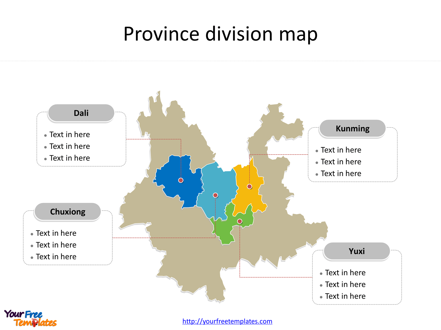 Province of Yunnan map with most populated divisions labeled on the Yunnan maps PowerPoint templates