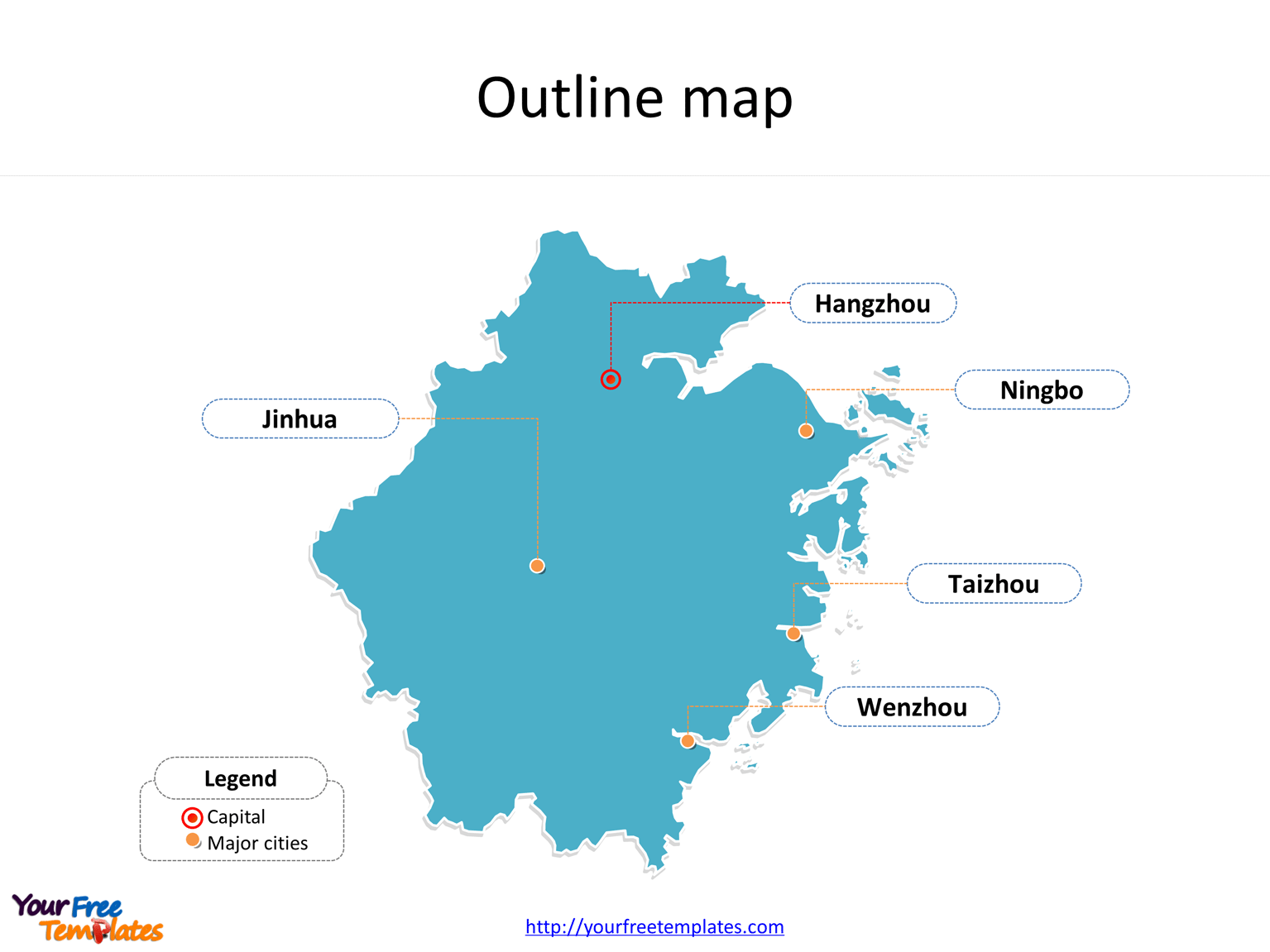 Province of Zhejiang map with outline and cities labeled on the Zhejiang maps PowerPoint templates