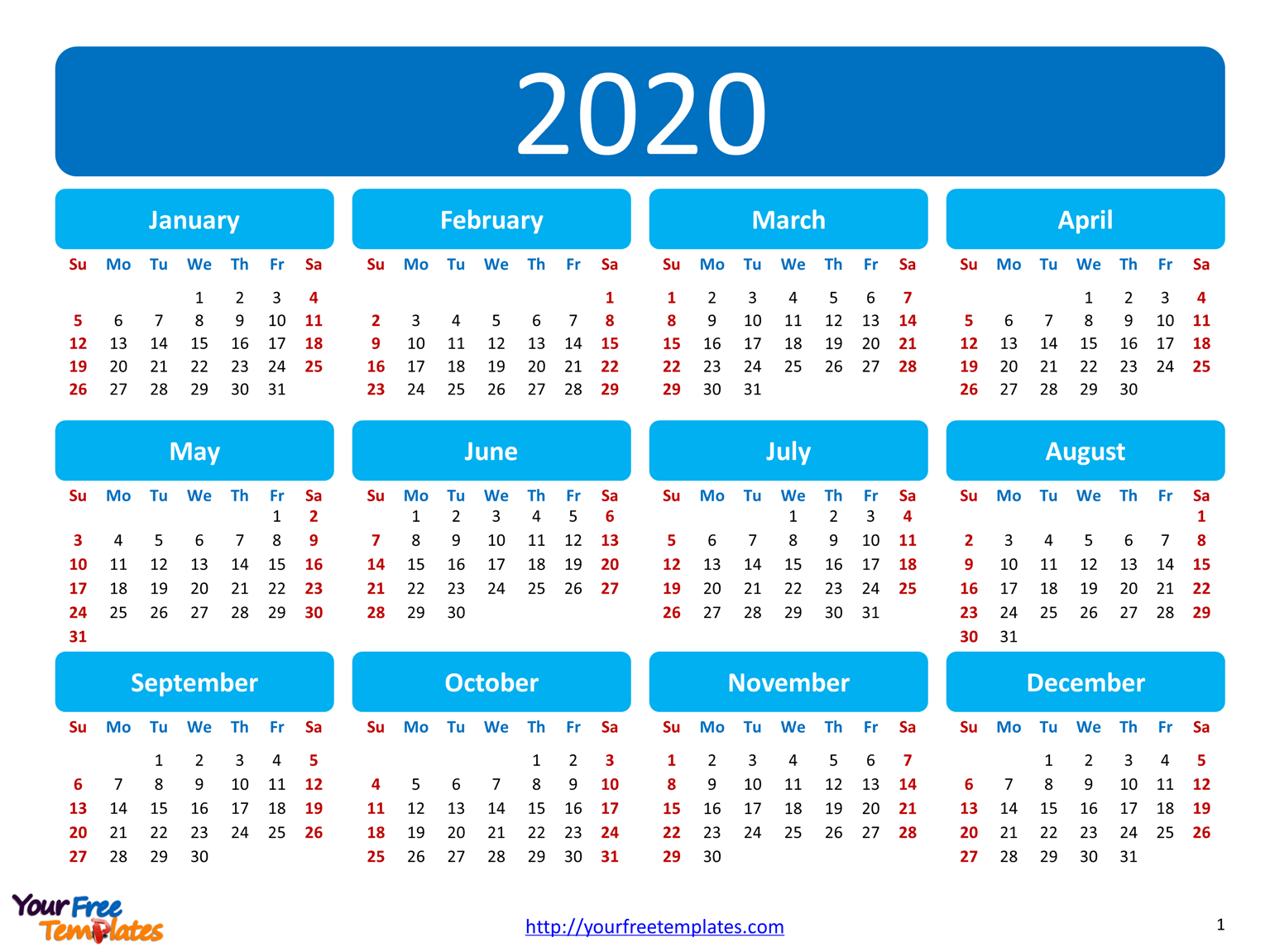 free printable calendar 2020 template