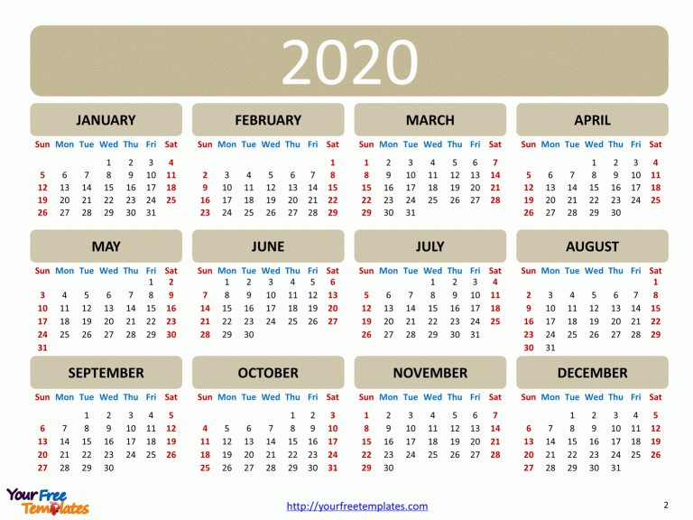 Printable calendar 2020 template - Free PowerPoint Template