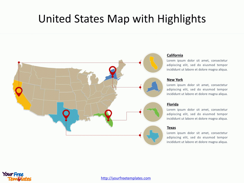 How to present Map with highlights on key states, such as exas, California, Florida, Illinois and New York.