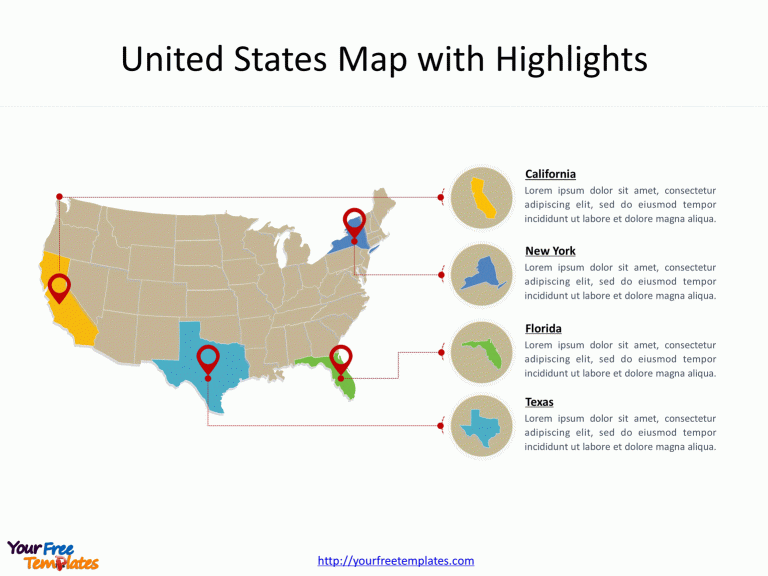 United States Map with highlights on key states, such as exas, California, Florida, Illinois and New York.